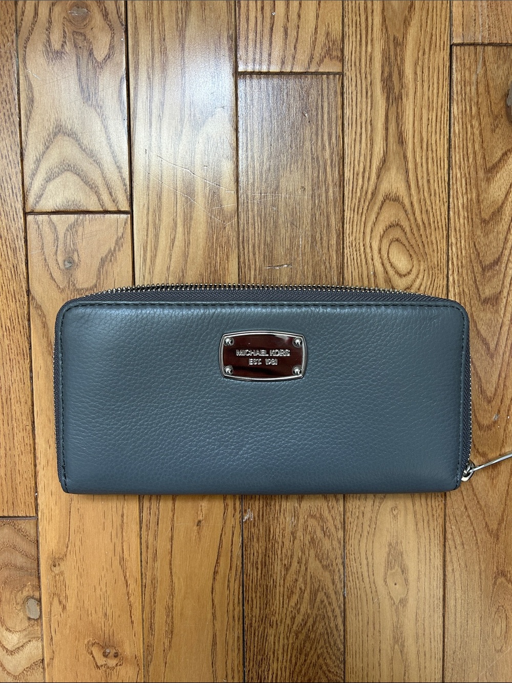 Michael Kors Gray Pebbled Leather Zip Wallet with Silver Plate